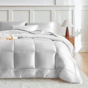 MR&HM Queen Comforter Set Silver Grey, Reversible Satin Microfiber Comforter Set for All Seasons, 3 Pieces Non-Slip Silky Soft Bedding Sets with 1 Comforter (90"x90") and 2 Pillowcases (20"x26")