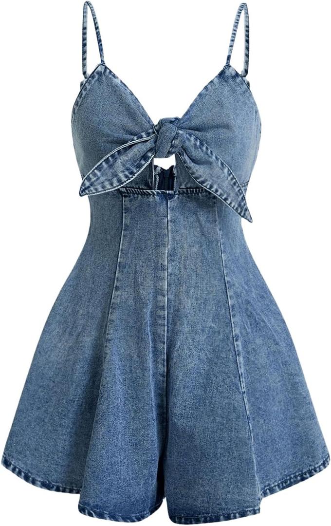 OYOANGLE Women's Vintage Bowknot Spaghetti Strap Denim Romper Sleeveless Wide Leg Jean Short Jumpsuits Light Wash Large