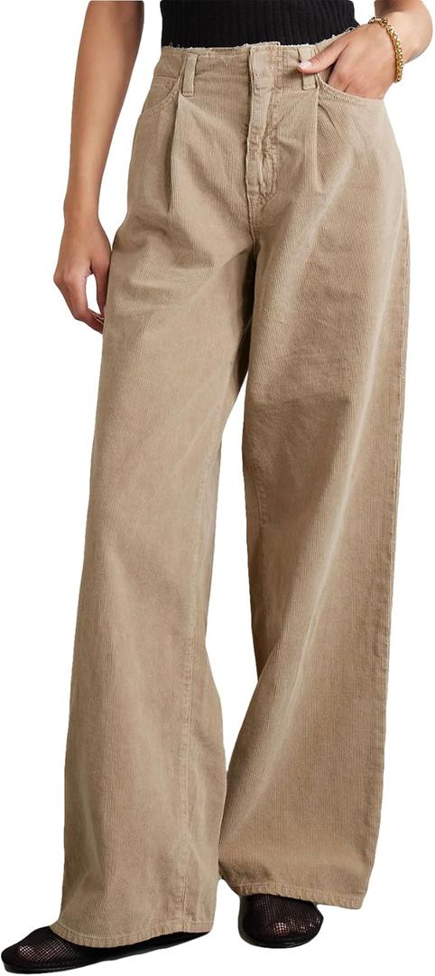 Women's High Waisted Wide Leg Corduroy Pants Vintage Loose Comfy Trousers with Pockets (Medium, Khaki)