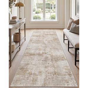 DEXI 2x7 Abstract Runner Rug for Hallway Washable Non Slip Backing, Khaki | Low Pile 7ft Runners Rugs, Stain Resistant, Thin Floor Mat for Entryway, Bedroom, Kitchen and Laundry Room, Modern Home Decor