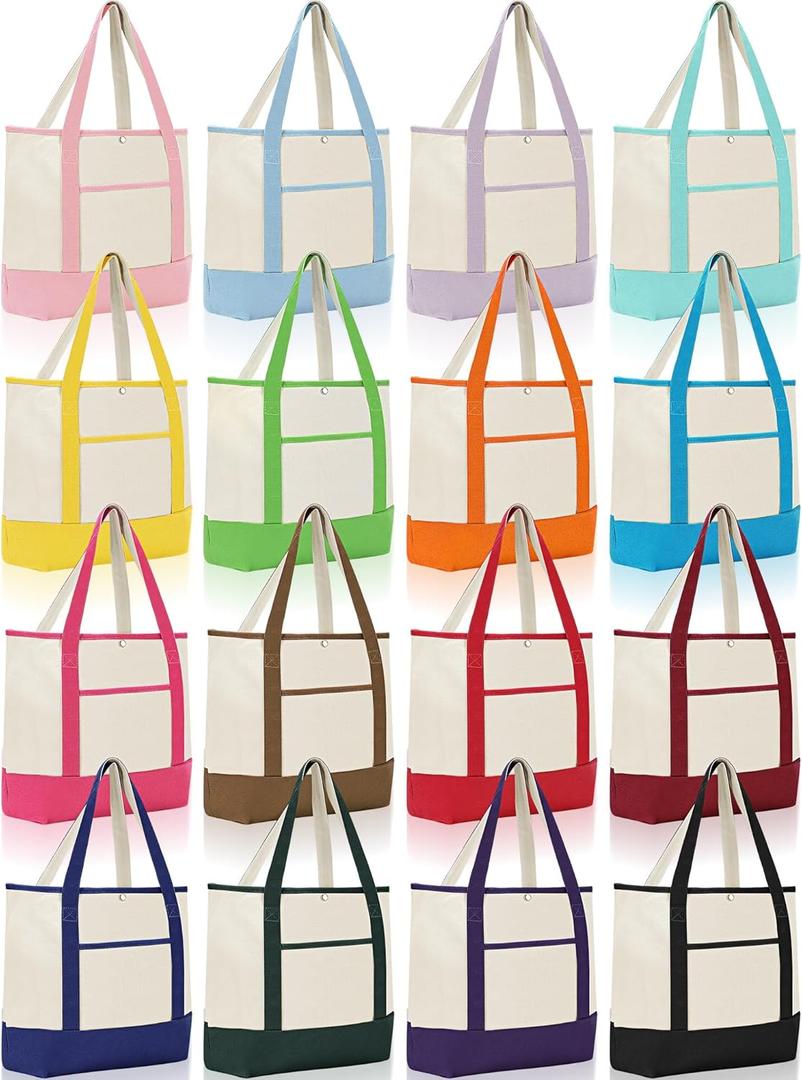 Sanwuta 16 Pack Polyester Canvas Tote Bags Bulk with Outer Pocket Extra Large Reusable Grocery Shopping Travel Blank Tote Bag for Women Mother, 17.7 x 4.7 x 13.8 Inches