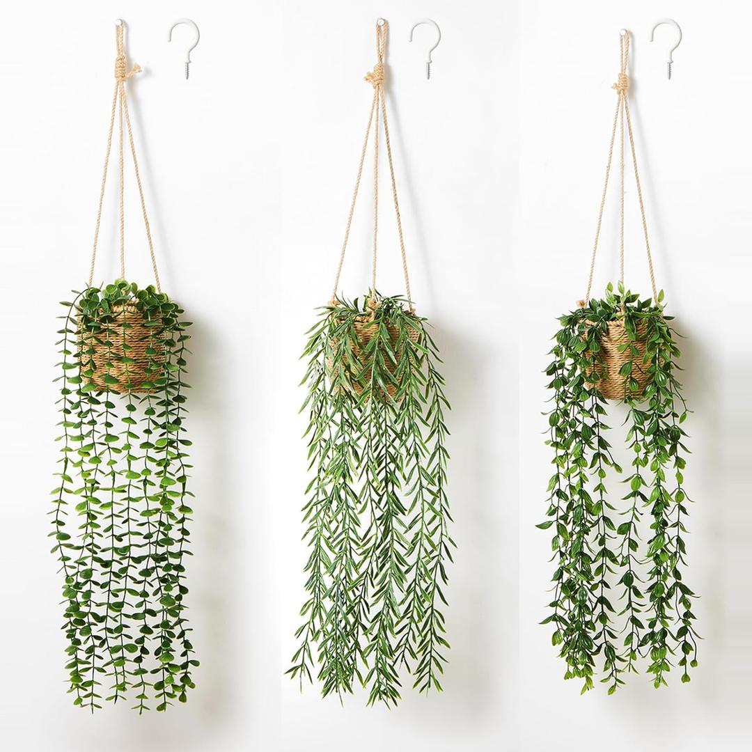 3 Pack Artificial Hanging Plants in Boho Handwoven Baskets for Living Room, Bedroom, Bathroom Wall Shelf Decor