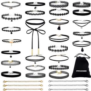 PAXCOO 32 PCS Choker Necklaces Set Including 26 Pcs Black Choker Necklaces and 6 Pcs Extender Chains for Women Ladies