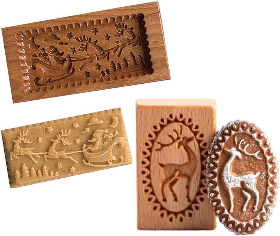Wooden Cookie Mold Christmas Wooden Baking Mold- Santa Claus Deer Sled Shape Cake Fondant Press Stamp Embosser Cutter Cake Decor Christmas Carved Kitchen gadgets (Deer & Sled)