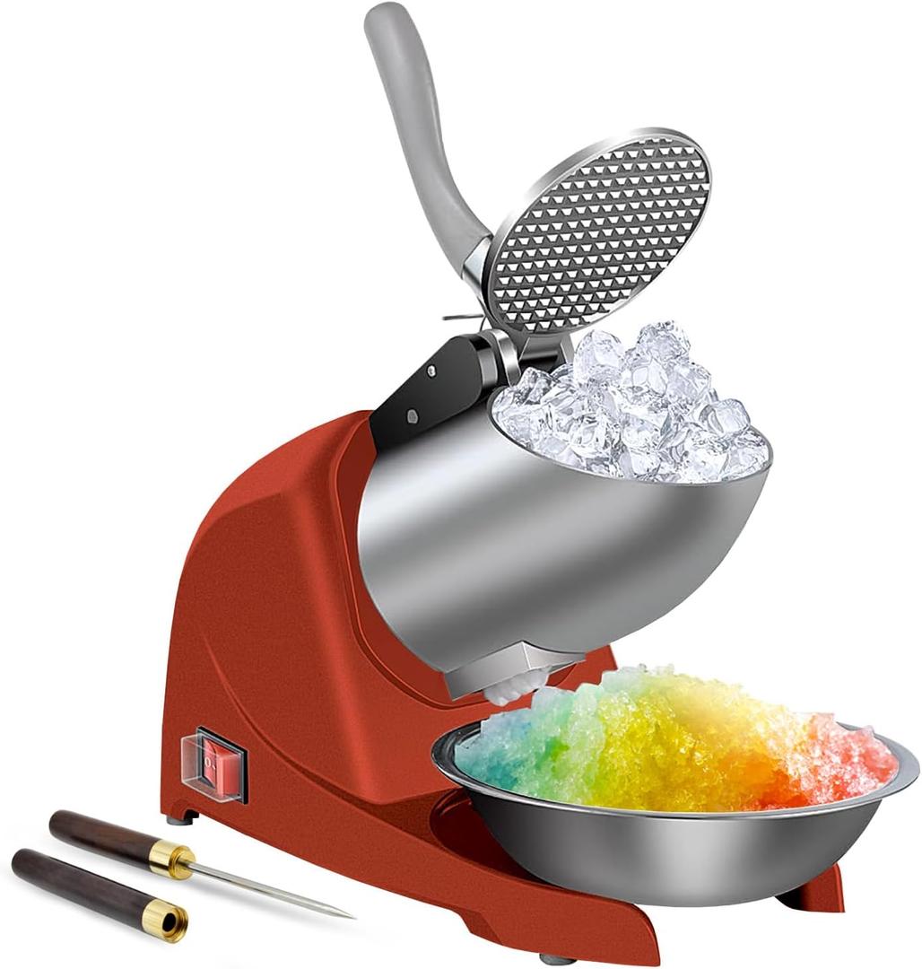 Snow Cone Machine 380W Shaved Ice Machine 3 Blades, 280lbs/hr Electric ICE Shaver, Prevent Splash, for Home and Commercial Use with Ice Pick - Red