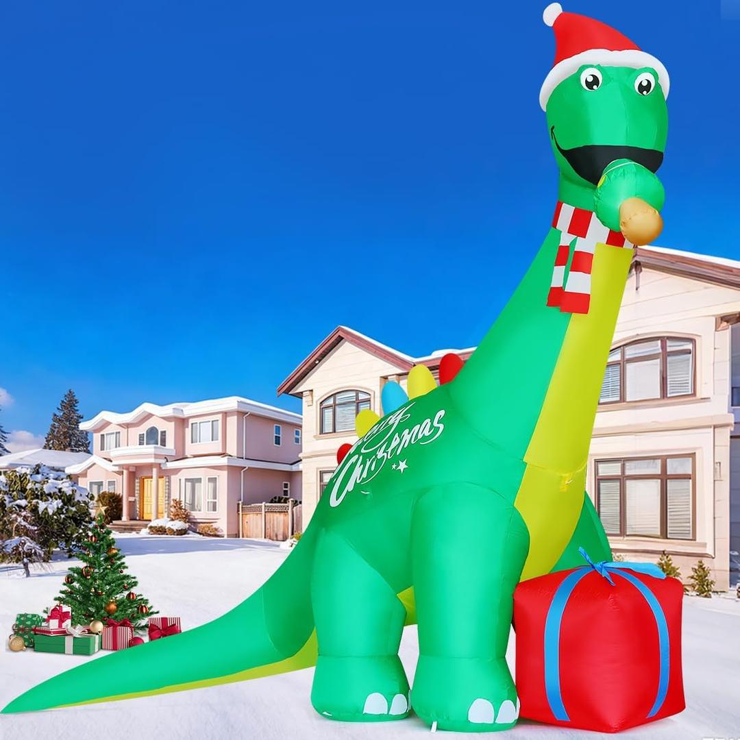 GOOSH 11.8 FT Christmas Inflatables Dinosaur Outdoor Decorations Blow Up Yard Giant Green Dinosaur and Red Gift Box with Built-in LEDs for Party Yard Garden Lawn Decor