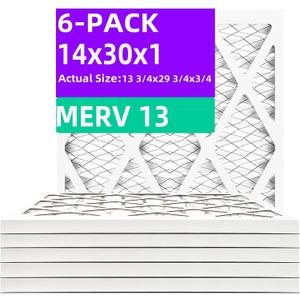 14x30x1 MERV 13 (6-Pack) Pleated Air Filter (Actual Size: 13.75"x29.75"x0.75") MPR 1900 & FPR 10, Furnace Air Filters,14x30x1 air filter