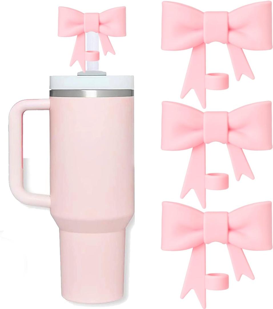 4 x Bow Straw Covers Cap Toppers Compatible with Stanley Tumbler Cups, Cute Pink 10mm Reusable Silicone Straws Topper for 40oz Tumbler with Handle, Stanleys Cup Accessories,3Pcs (A09-3Pack)