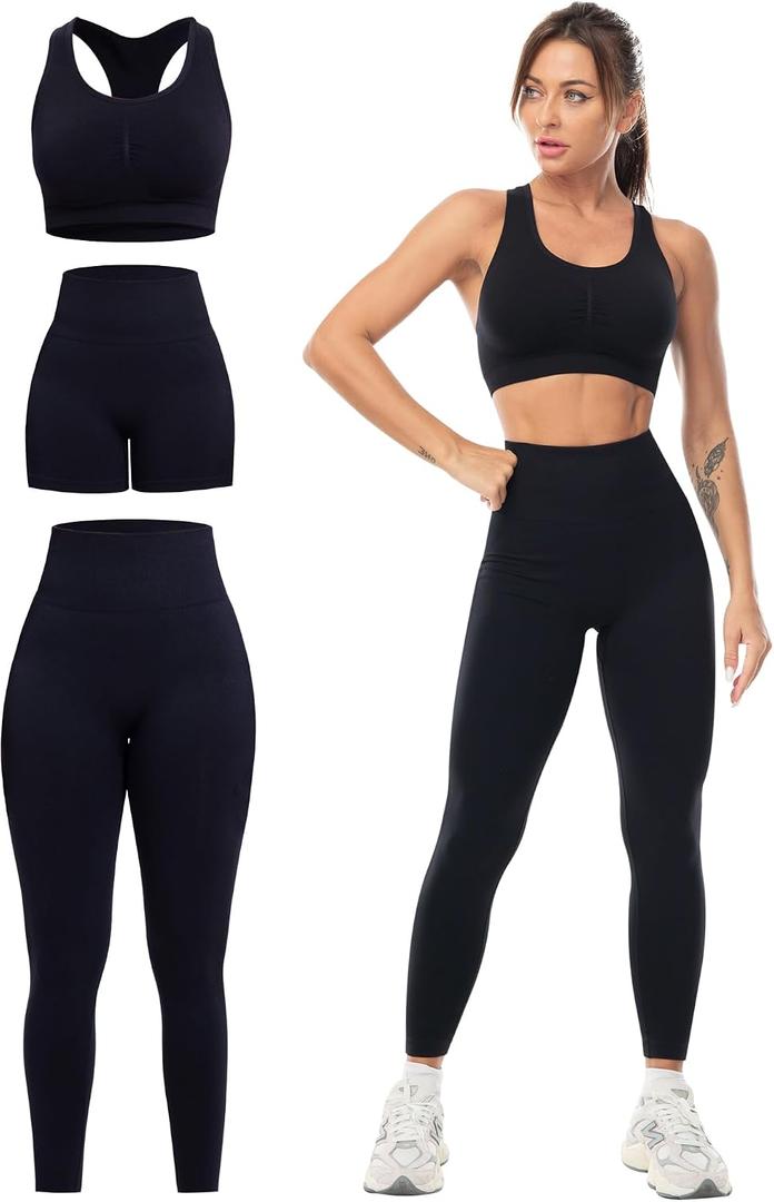 3 Piece Workout Sets for Women Butt Lifting Leggings with High Impact Sports Bra Gym Shorts (Black, M)