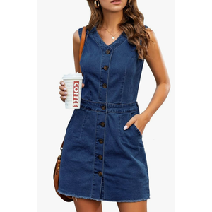 LookbookStore Women Sleeveless V Neck Button Down Frayed Hem Short Denim Dress. Size L