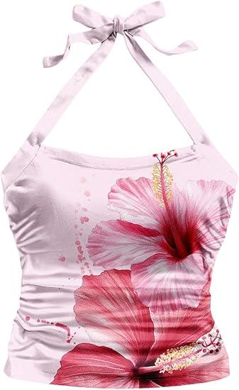 Women's Floral Halter Crop Tops Tie Backless Ruched Sleeveless Summer Tank, XL