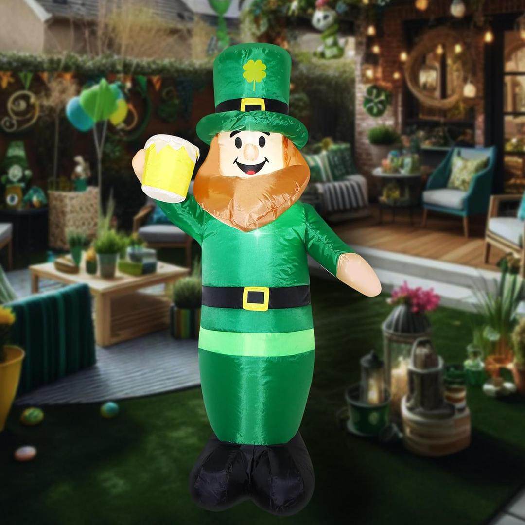 3.25FT St. Patrick's Day Inflatable Leprechaun, Blow up Leprechaun Holds Beer Cup Outdoor Decoration with LED Lights, Perfect for Yard Garden Lawn Front Door Holiday Decor (Leprechaun)