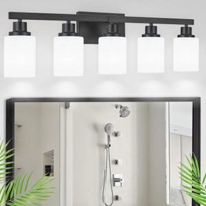 Bathroom Vanity Light, 5-Light Vanity Lighting Fixture Over Mirror for Bathroom, 30" Matte Black Wall Light Fixture, Wall Sconces with Frosted Glass Shade for Mirror Bedroom Living Room