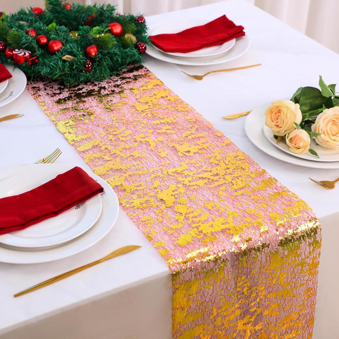 4 x Snowkingdom 2Pcs Gold Table Runner, 11108 Inch Red and Gold Sequin Glitter Foil Metallic Thin Mesh Table Runner, Sparkle Centerpiece for Wedding Party Birthday Holiday Kitchen Dinner Decoration
