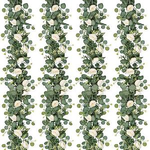 TOCHGREEN 4 Pack Artificial Eucalyptus Flower Garland with White Roses, Fake Rose Flower Greenery Garland Floral Vines for Wedding Home Party Table Runner Decor (4PCS, White)