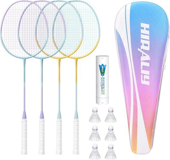 HIRALIY Badminton Set, 4 Badminton Rackets, 6 Birdies, 1 Carrying Bag