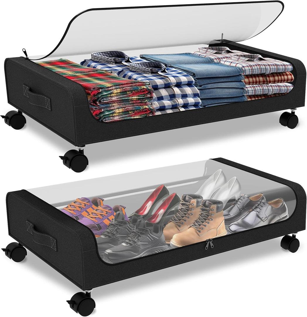 Linxin Under Bed Storage with Wheels, 2Pack Underbed Storage Containers with Clear Lid, 60L Under the Bed Storage Bins Rolling Underbed Storage Organizer for Shoes, Clothes, Blankets