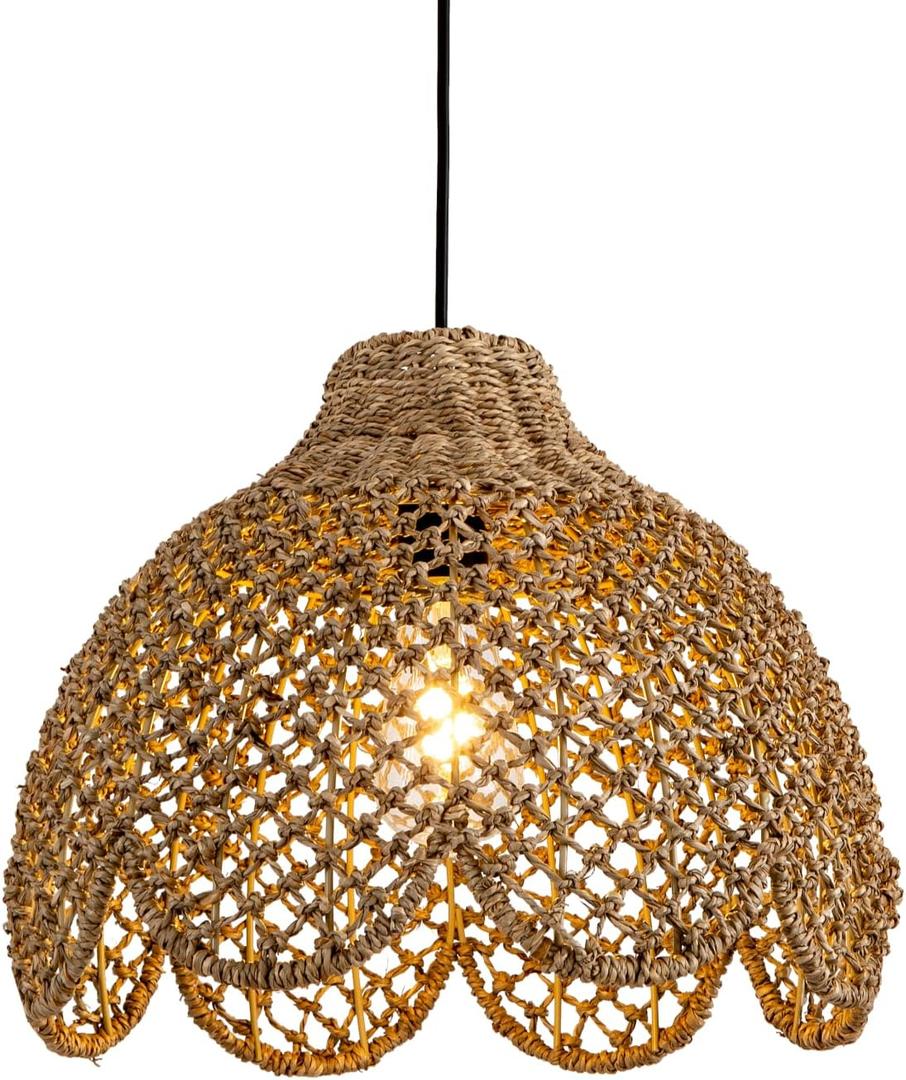13.8in Rattan Pendant Lights Boho Chandelier Lighting Handwove Brown Wicker Hanging Pendant Lights for Dining Room Living Room Bedroom Kitchen Island Hallway Restaurant 1-Light