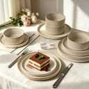 Stoneware Dinnerware Sets, Plates and Bowls Sets for 4, 12-Piece Ribbed Dishes Chip & Scratch Resistant, Microwave and Dishwasher Safe Tableware, Beige