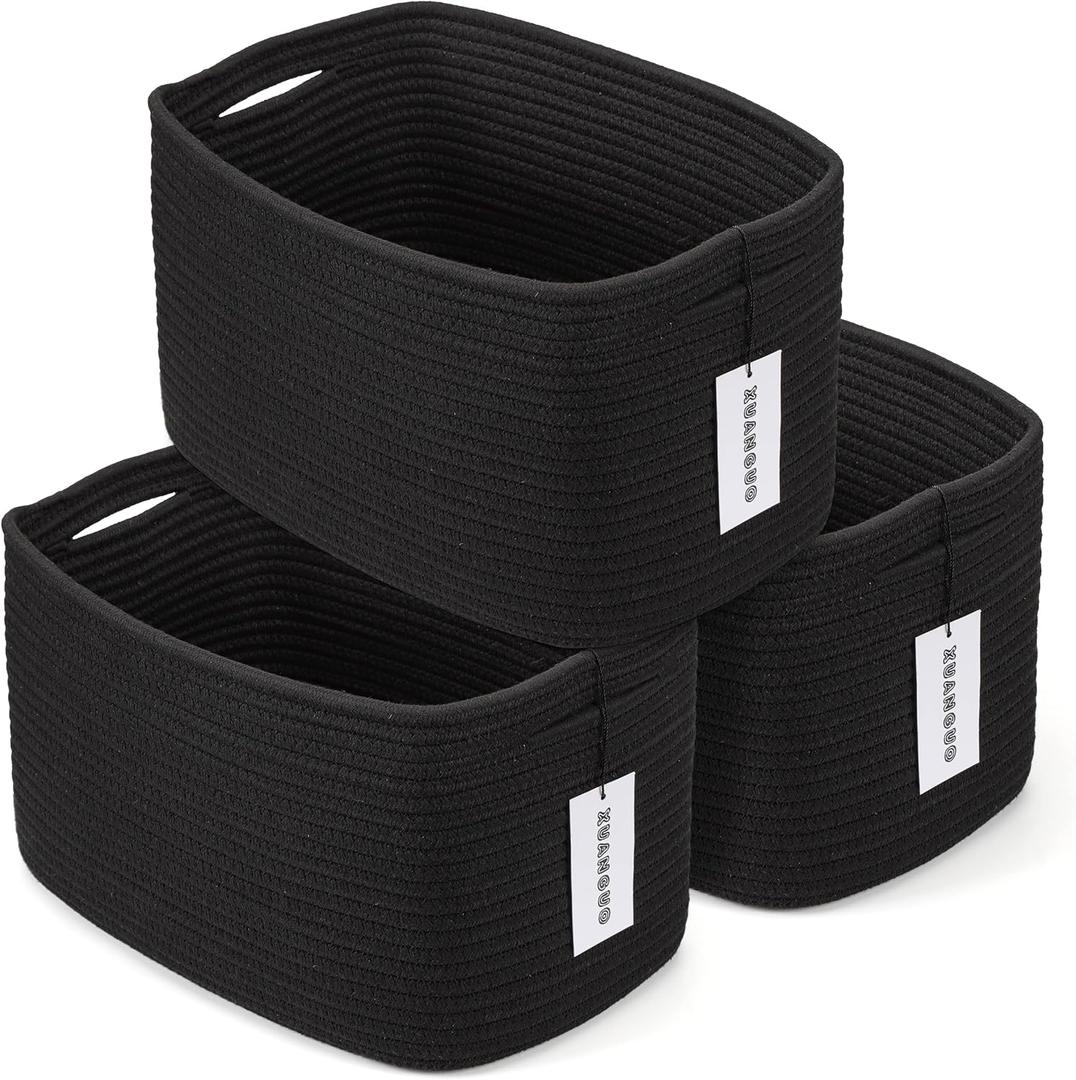 Cotton Rope storage Basket Bins 15X10X9.3 Woven Basket for Organizing Shelves Rectangle Decorative Baskets For storage Clothes Toys Books Towels Square Wicker Nursery basket organizer 3 pack black
