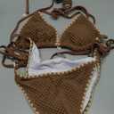 ZAFUL Women's Triangle Bikini Crochet Fishnet Tie Side Halter String Bikini Set Two Piece Swimsuit Bathing Suits (M, Coffee)