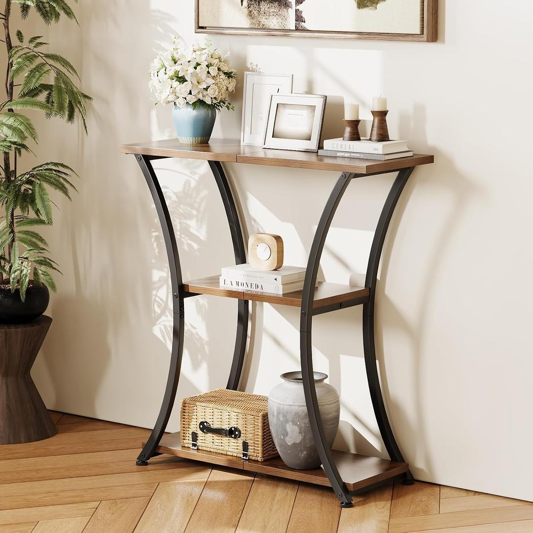 Rustic 3-Tier Console Table with Open Shelves Narrow Entryway Table with Curved Metal Frame Slim Sofa Table for Hallway Living Room or Foyer (Rustic Brown)