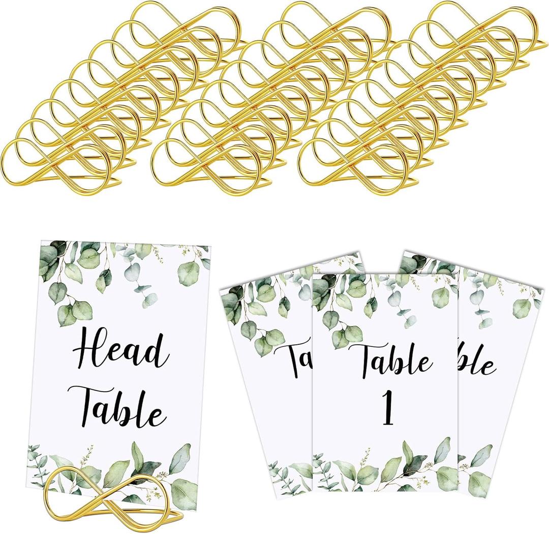 Marspark 26 Pieces Wedding Table Numbers with 26 Gold Table Holders Greenery Eucalyptus Wedding Reception Number Cards with Head Gold Seating Label for Anniversary Birthday Bridal Party