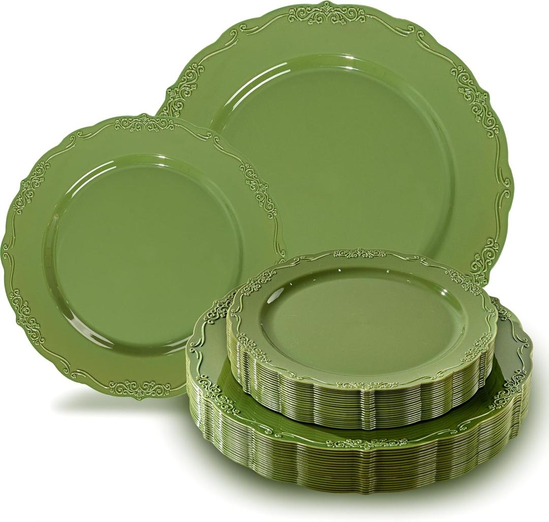 Tinybee 60PCS Green Plastic Plates - Heavy Duty Green Disposable Plates, Elegant Plastic Plates for Bridal Shower, Wedding and Party Including 30 Dinner Plates 10 '' & 30 Dessert Plates 7.5 ''