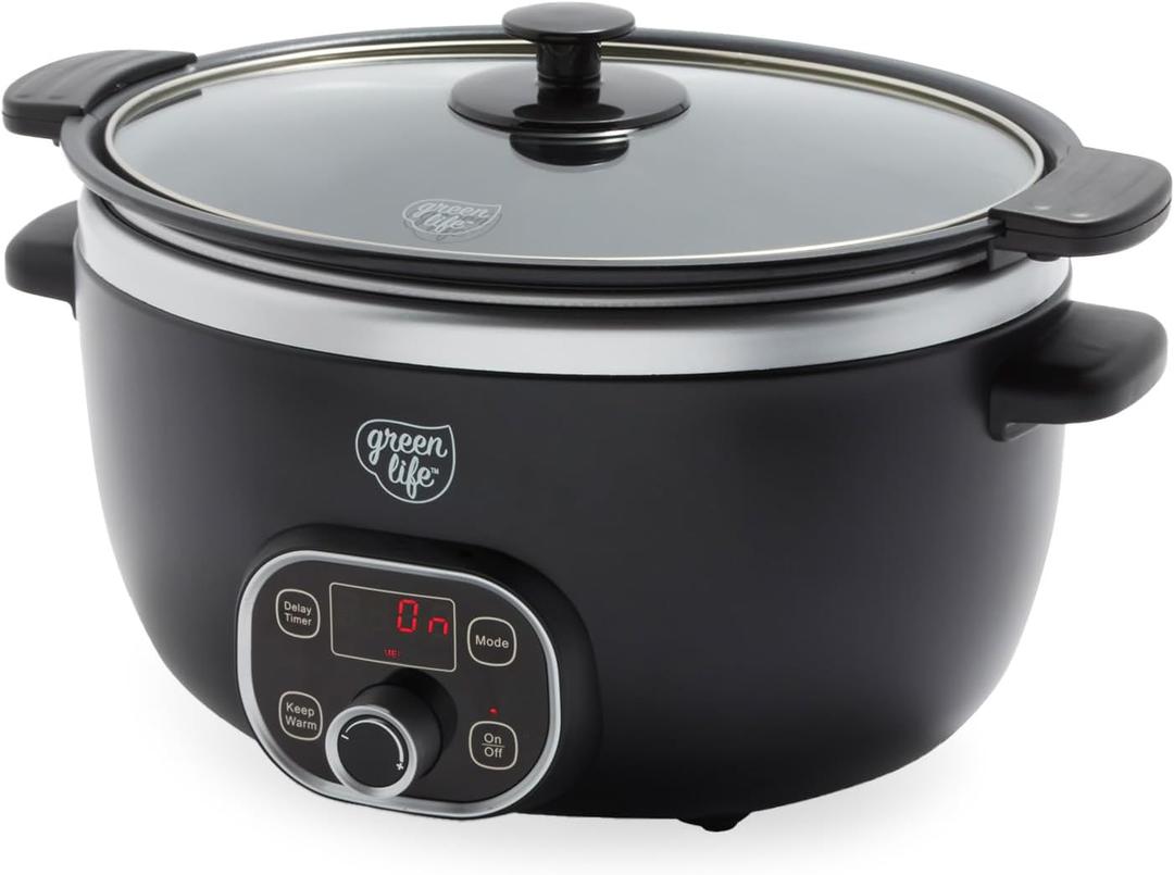 GreenLife 6QT Slow Cooker, Non-Toxic PFAS-Free Ceramic Nonstick Removable Interior Bowl, Programmable, Family Friendly, Keep Warm, Stovetop & Oven Safe, Dishwasher Safe Crock, Timer, Glass Lid, Black, 6 Quarts