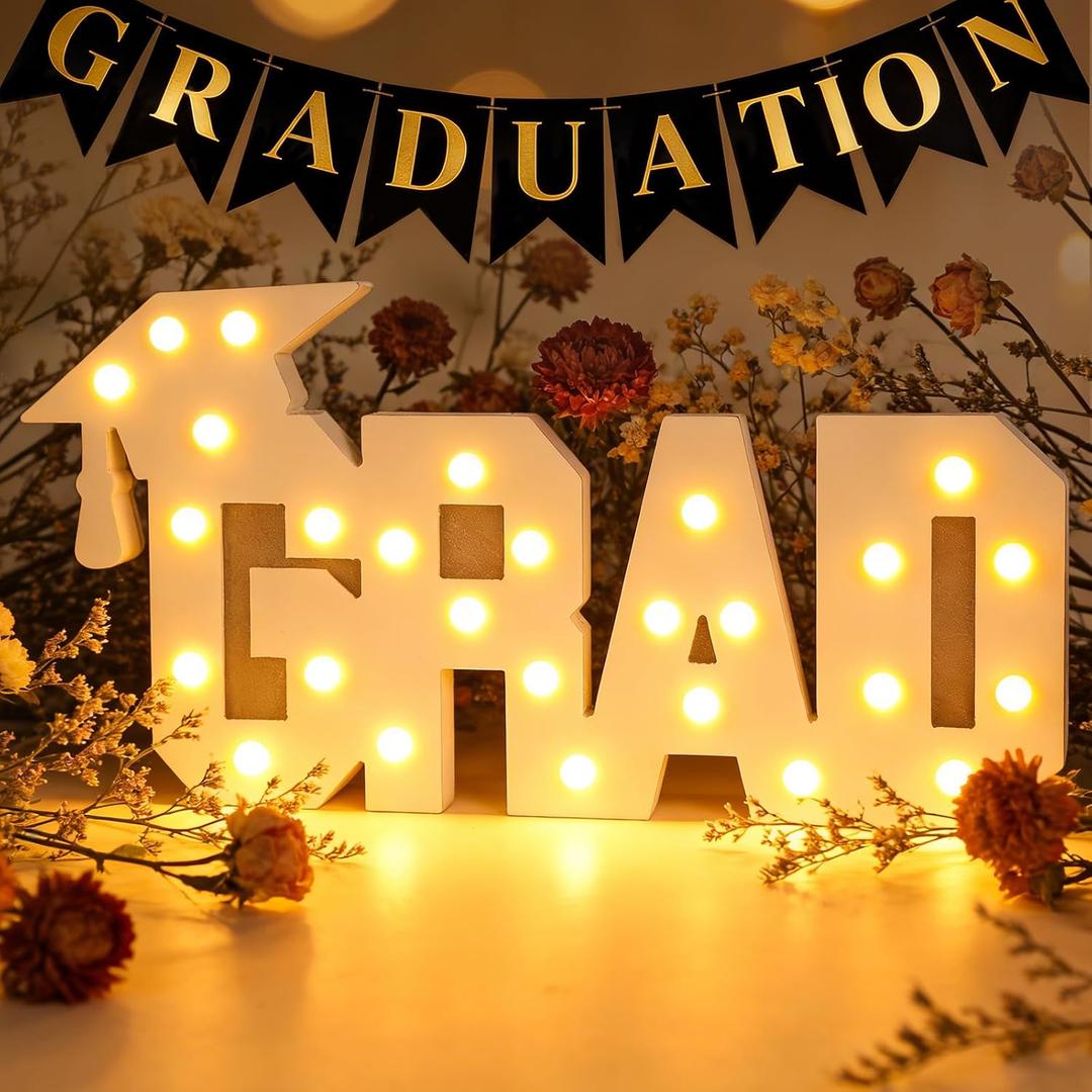 2026 Graduation Marquee Number Light – Wooden LED Light Up Sign with Graduation Cap, Class of 2026 Table Decoration for Preschool Kindergarten High School College Party Decor (GRAD)