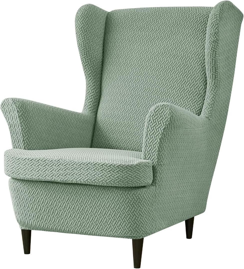 Wingback Chair Cover 2 Piece Stretch Jacquard Wing Chair Slipcovers Thick Wing Back Chair Covers Sofa Slipcover with Arms Wing Chair Slipcover Wing Back Chair Cover with Elastic Bottom (Green)