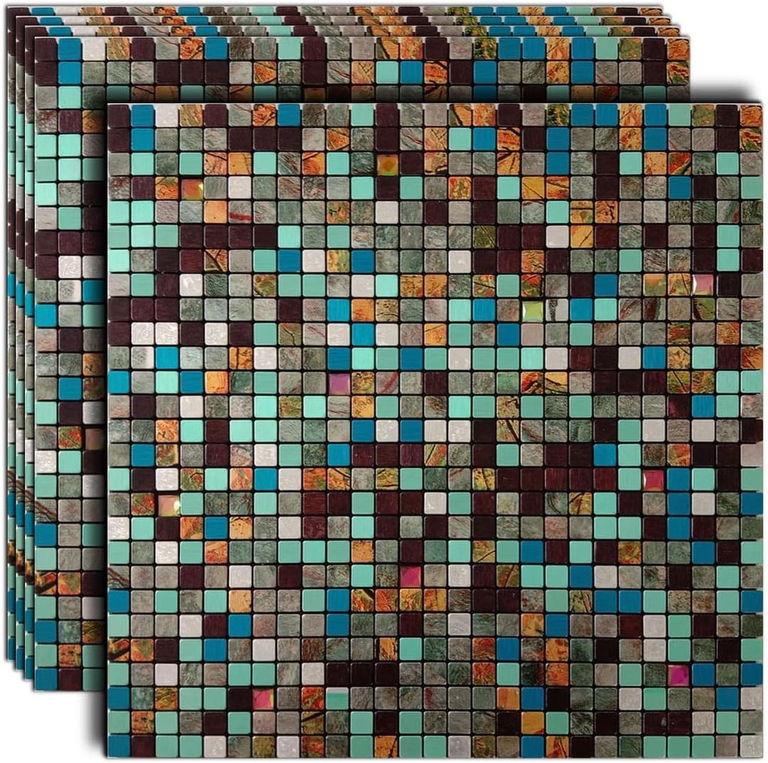 XUANINY Peel and Stick Backsplash Tiles for Kitchen, Bathroom,Fireplace,Self Adhesive Metal Aluminum Mosaic (11.81"x11.81") (5, Mixed Green&Blue&Maple Leaf)