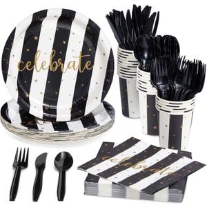 Juvale Black and Gold Party Supplies - Serves 24 - for Graduation, Birthday and Anniversary Parties