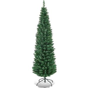 HAPPYGRILL 5FT Pencil Christmas Tree Slim Xmas Tree Unlit Skinny Artificial Christmas Tree with Foldable Metal Stand PVC Material Leaves