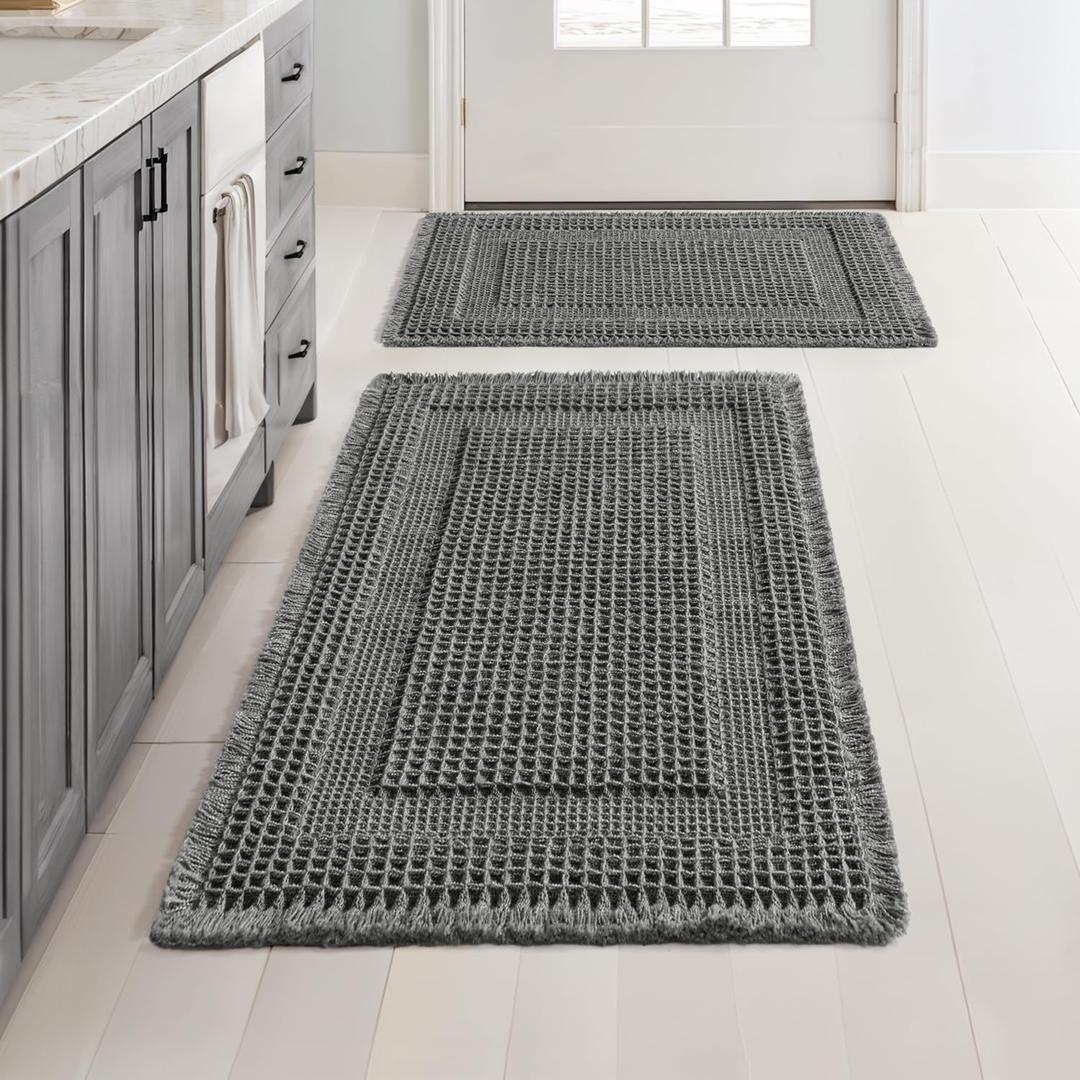 Set of 2 Waffle Bathroom Rugs, Boho Bath Rug Super Absorbent, Non Slip Washable Ultra Soft Rubber Backed Shower Bath Mats for Floor, Tub, Shower, Looped Design, Dark Grey, 17"x24"+18"x30"