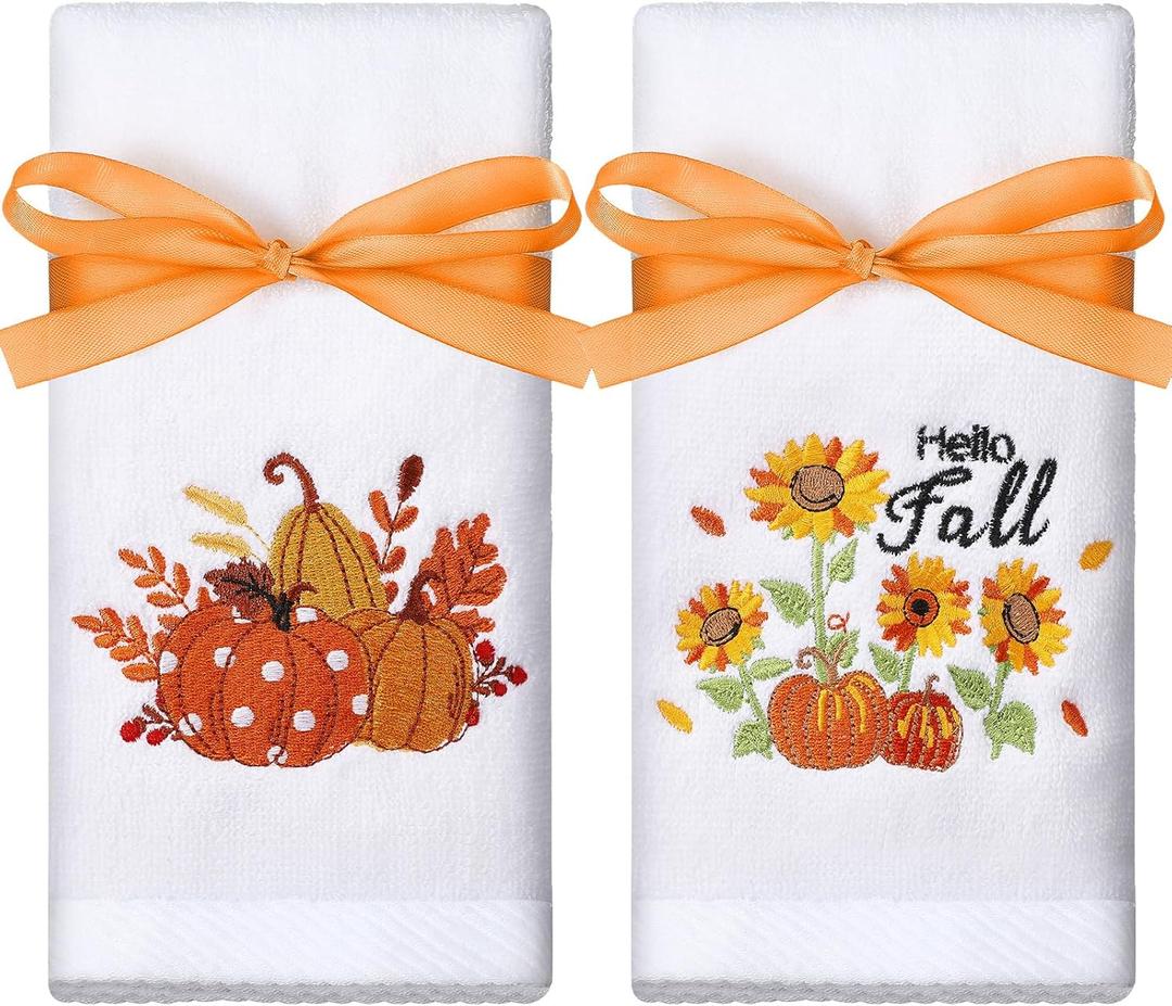 Tiamon 2 Pcs Fall Thanksgiving Hand Towels Happy Fall Cotton Pumpkin Embroidered Bathroom Kitchen Towels 13.8'' x 29.5'' with Ribbon Autumn Decor for Dish Tea Party Drying Cleaning Housewarming Gifts