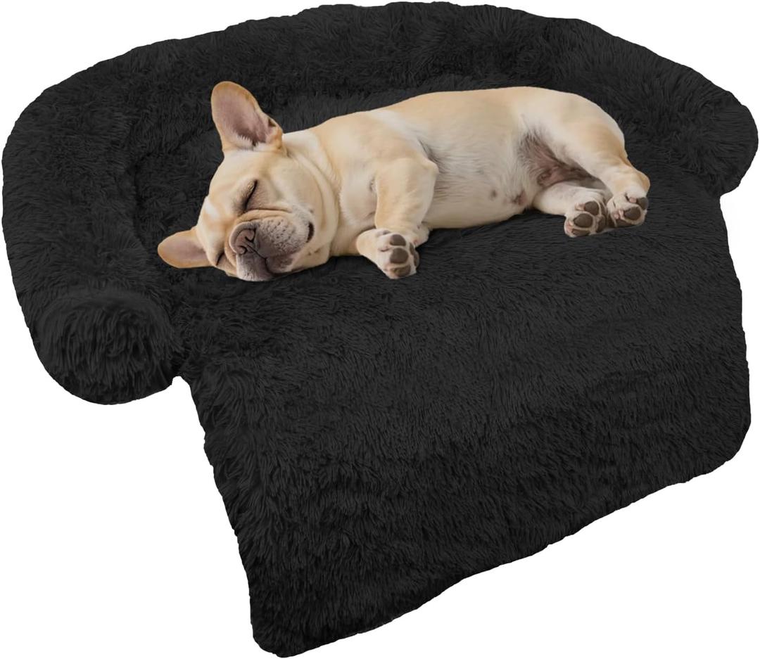 GGIB Calming Dog Bed Fluffy Plush Dog Mat for Furniture Protector with Removable Washable Cover for Large Medium Small Dogs and Cats (Small,Black) (35.0"L x 31.0"W x 5.0"Th)