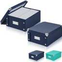 DLUGOPIS 2 Pcs Inch Checks Storage Box with Lid Document Boxes Document Bin Banker Boxes Foldable Receipt Box Storage Navy Blue Cardboard Record Boxes For Business Pesonal Books Files 12"x10"x5"