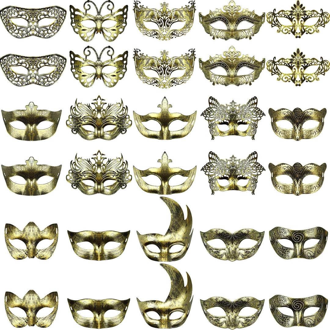 Yunsailing 30 Pieces Masquerade Mask Antique Masks with Straps for Women Men Masquerade Ball Mardi Gras Carnival Party Favors(Gold)