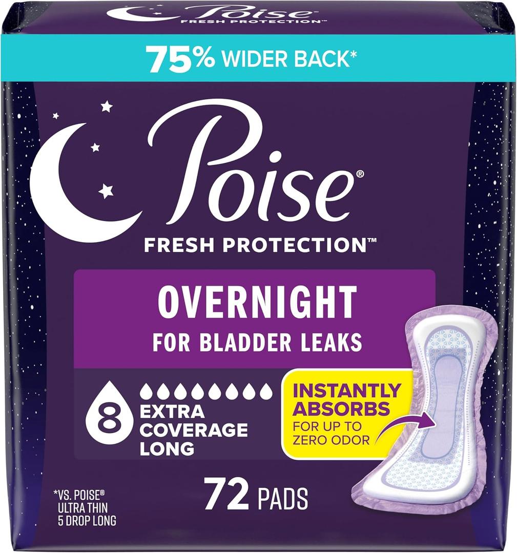 Poise Overnight Incontinence & Postpartum Pads for Bladder Leaks, 8 Drop Extra Coverage, 72 Count (2 Packs of 36) (Long)