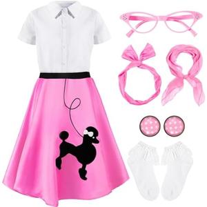 Silicherry 1950s Kids Poodle Skirt 50s Sock Hop Costume with Shirt Scarf Headband Earrings Glasses Socks 4-6 Y