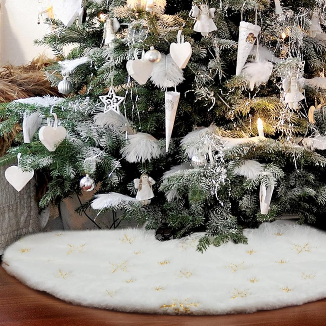 Christmas Tree Skirt 60 inch Large Snow White Soft Faux Fur Skirt with Golden Sequin Snow Flakes Xmas Holiday Home Party Decorations
