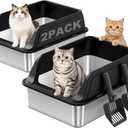 FURTIME Stainless Steel Litter Box with Lid 2Pcs, Enclosed Metal Litter Box