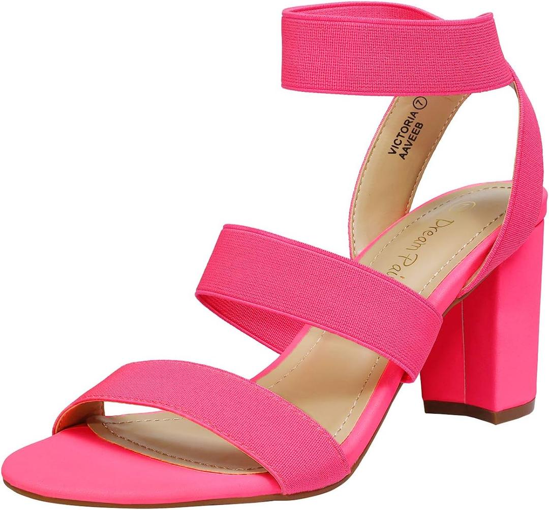 DREAM PAIRS Women's Open Toe High Chunky Elastic Strap Dress Heel Sandals (5.5, Neon/Pink)
