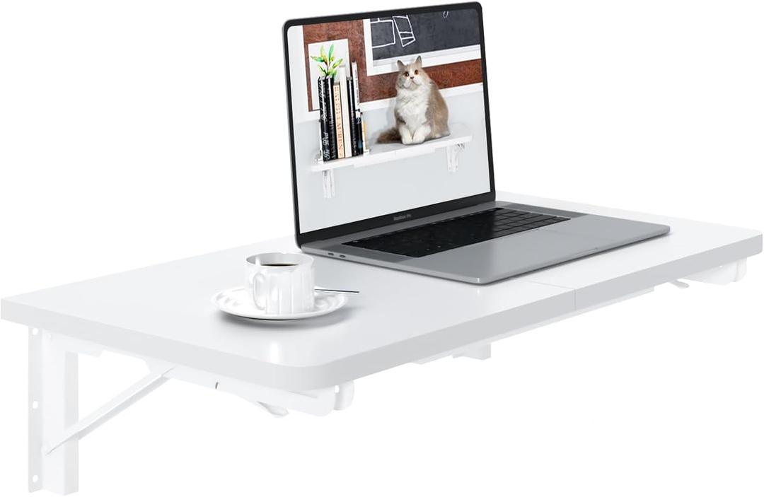 TEAMIX Wall Mounted Folding Desk for Small Spaces, White Floating Shelf
