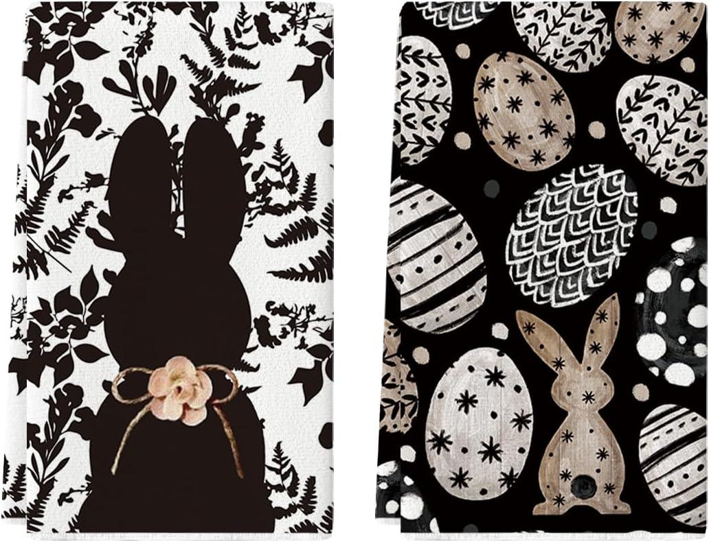 Artoid Mode Black Bunny Eggs Flower Easter Kitchen Towels Dish Towels, 18x26 Inch Spring Farmhouse Leaves Decoration Hand Towels Set of 2
