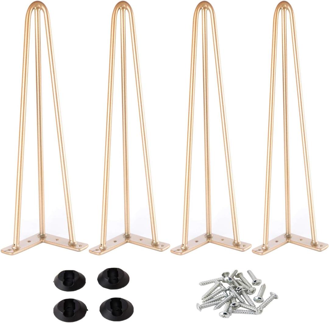 Osring 28 Inch Hairpin Table Legs with 1/2" Dia 3-Rods, Heavy Duty Metal Hairpin Furniture Leg for Coffee Table and Patio Bench, Gold Furniture Feet with Floor Protectors for Home DIY Project, 4