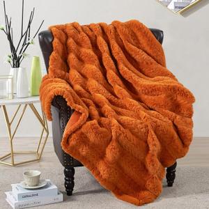 Tread Luxury Faux Fur Throw Blanket Reversible to Cozy Velvet, 680GSM Soft Plush Warm Elegant Fuzzy Blanket for Couch, Bed, Sofa Fluffy Decorative Blankets, 60"x70", Burnt Orange
