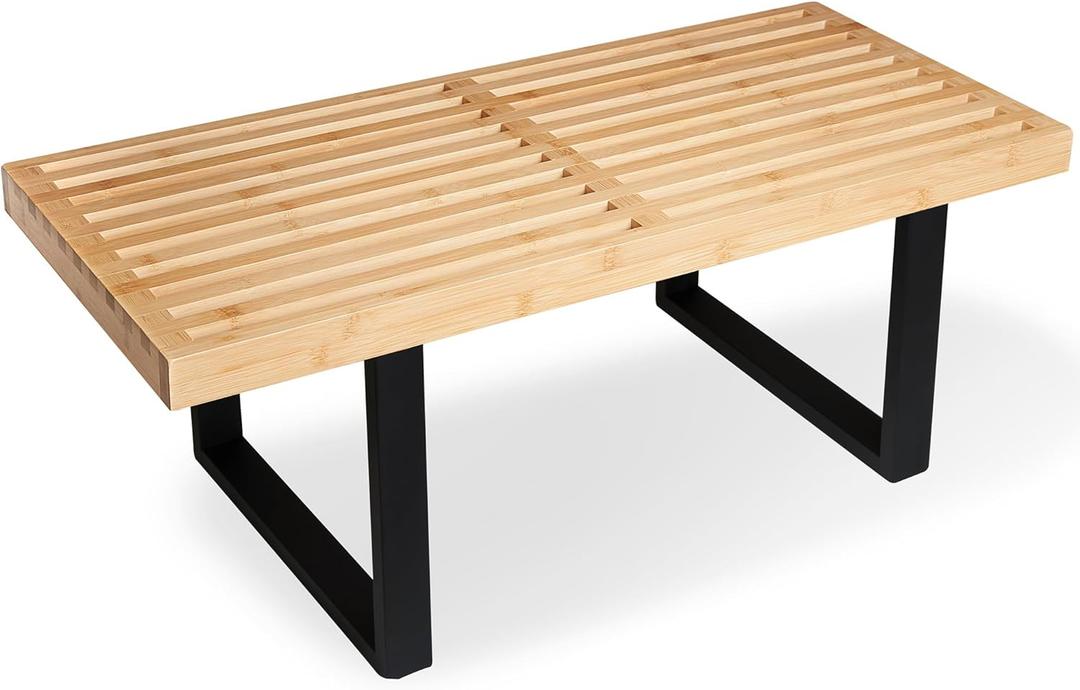 Bamboo Nelson Slat Wooden Bench, Small Wood Benches for Entryway, Living & Dining Room, Kitchen, Bedroom, Bathroom, Hallway, Front Door, For Indoor & Outdoor Patio Use, Mid Century Modern Decor (Nelson Natural/Black)