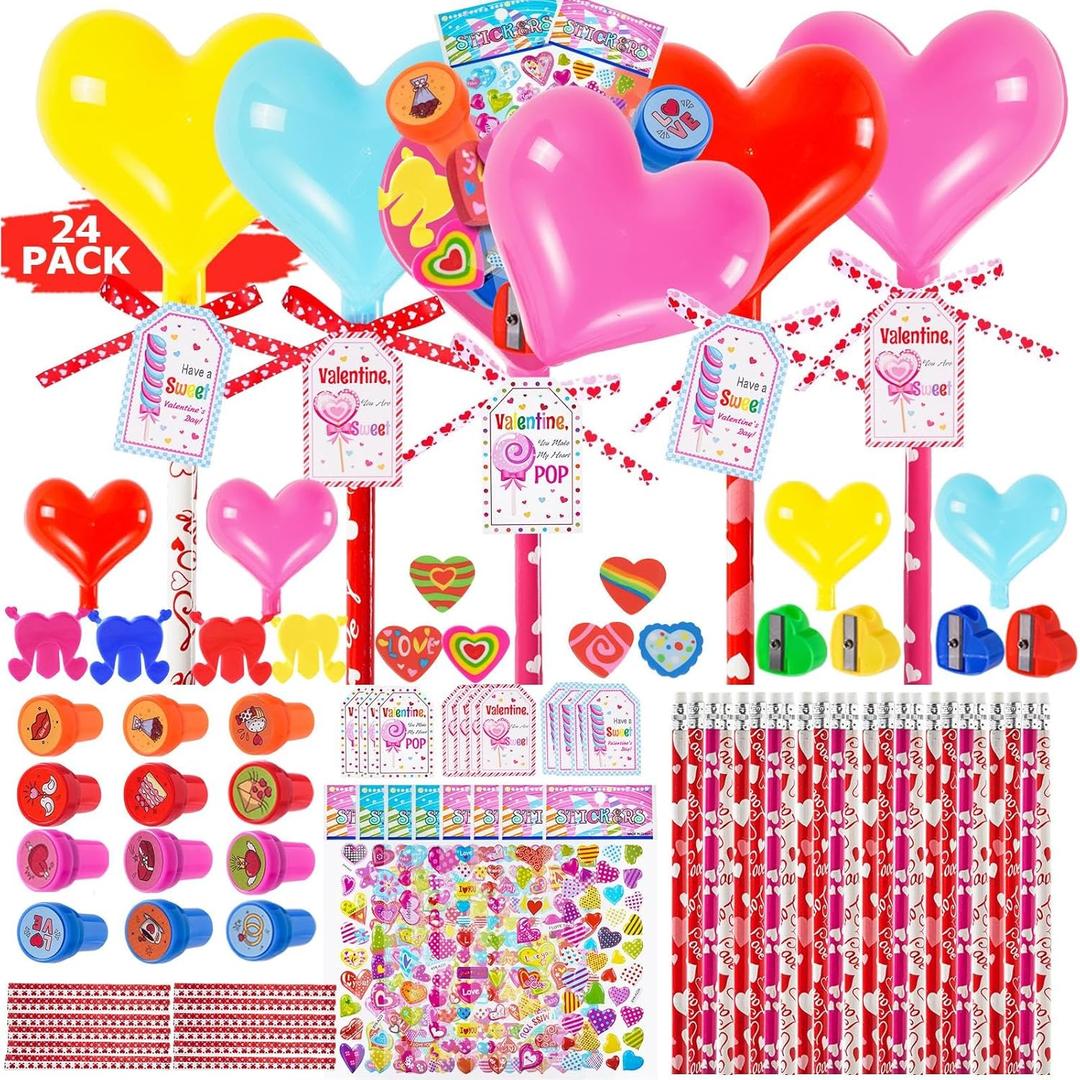216pcs Stationery Set Valentines Day Gifts for Kids Classroom Exchange with Heart-Shaped Lollipop, 24 Pack Valentines Day Cards for Kids School Party Favors Prizes Goodie Bag Stuffers